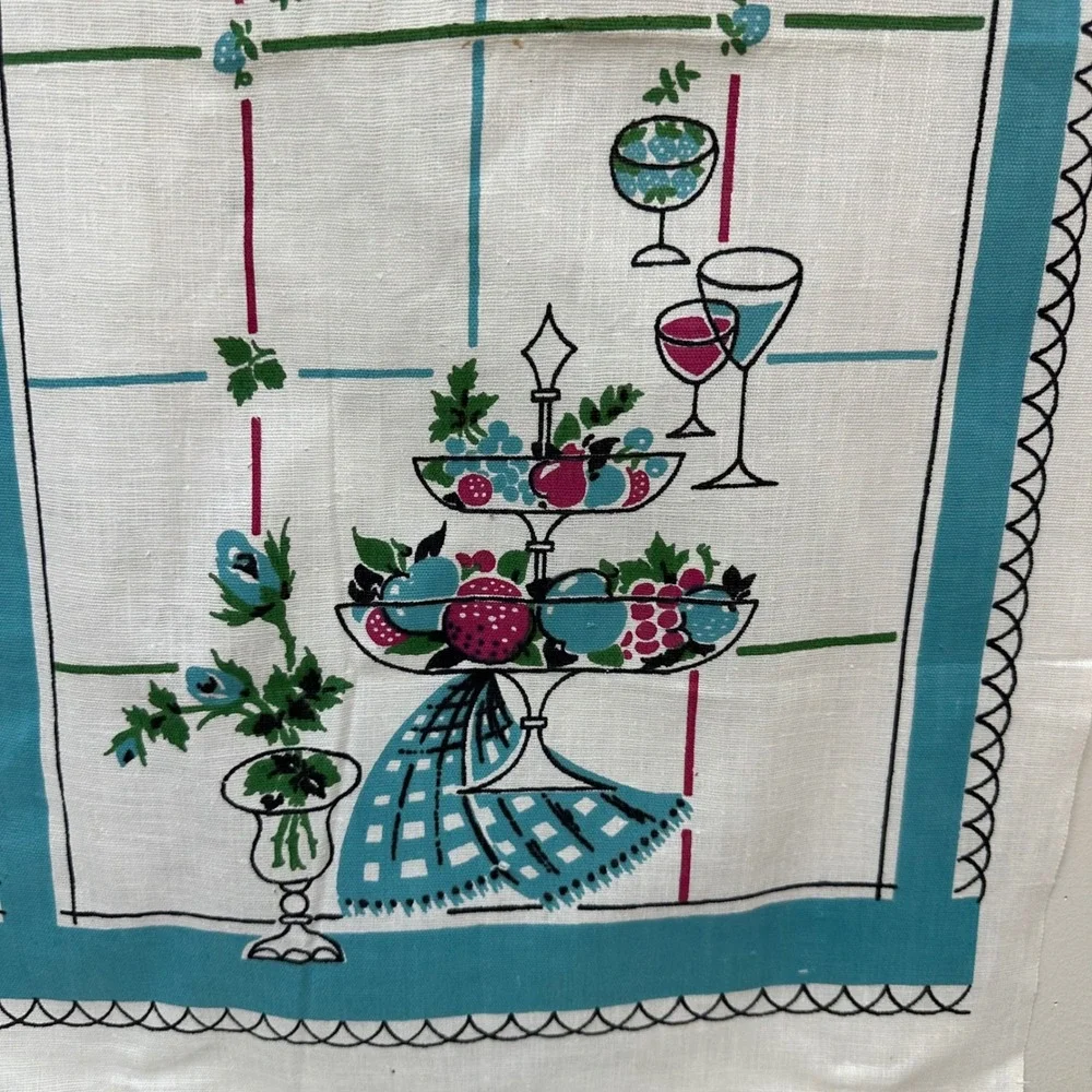 Vintage Startex Wonder-Dri Kitchen Tea Towel Mid-Century Fruit Wine Teal 29x16